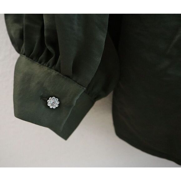 ZARA Women's Sz Small Hunter Green Jewel Button Ruffled Satin Effect L/S Blouse - Picture 7 of 8